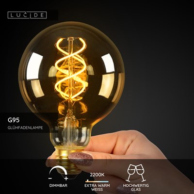 Lucide G95 - Glühfadenlampe - Ø 9,5 cm - LED Dim. - E27 - 1x4,9W 2200K - Amber